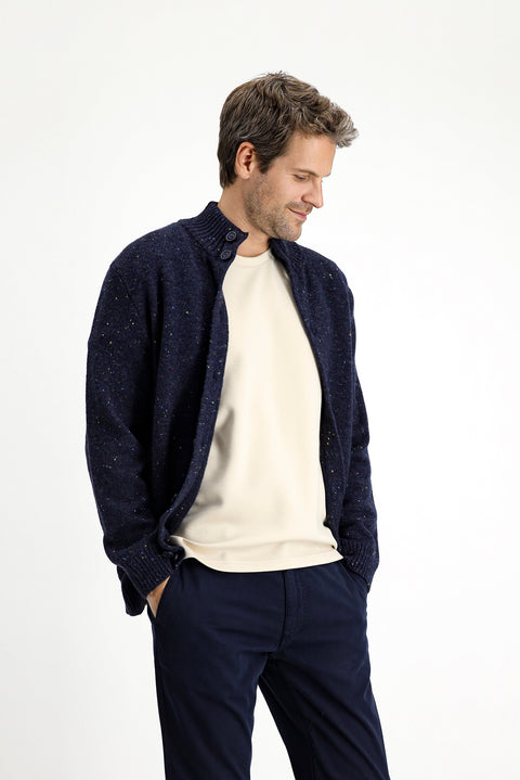 Medium Navy Blue Stand Collar Buttoned Regular Fit Patterned Wool Knit Cardigan