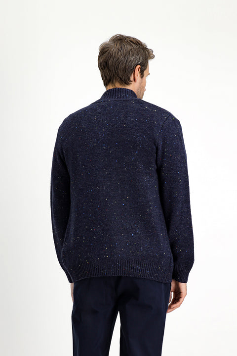 Medium Navy Blue Stand Collar Buttoned Regular Fit Patterned Wool Knit Cardigan