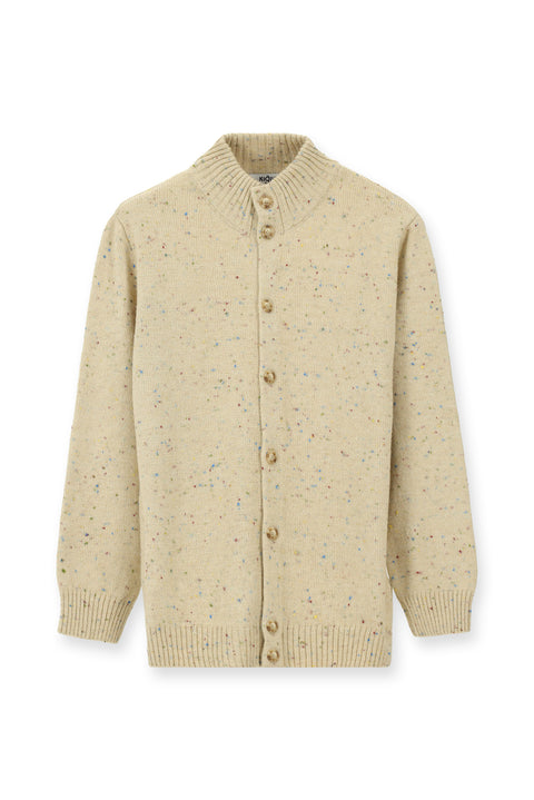 Light Beige Stand-Up Collar Button-Down Regular Fit Patterned Wool Knit Cardigan