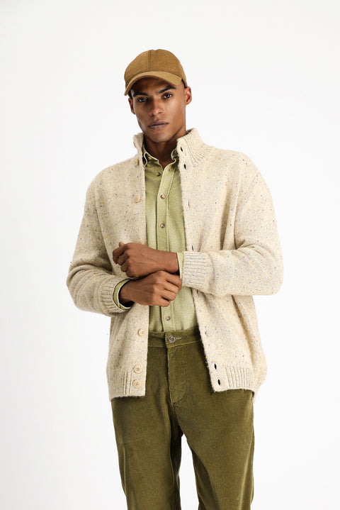 Light Beige Stand-Up Collar Button-Down Regular Fit Patterned Wool Knit Cardigan