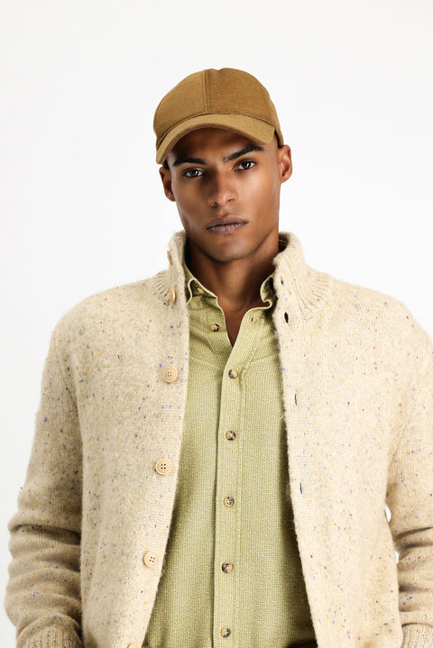Light Beige Stand-Up Collar Button-Down Regular Fit Patterned Wool Knit Cardigan