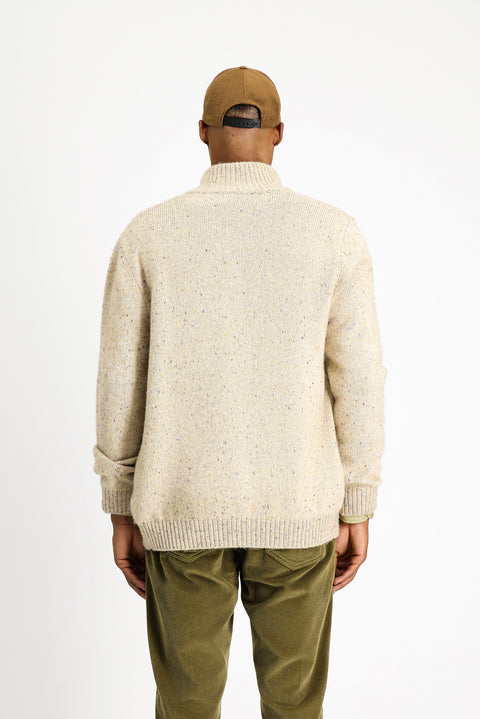 Light Beige Stand-Up Collar Button-Down Regular Fit Patterned Wool Knit Cardigan