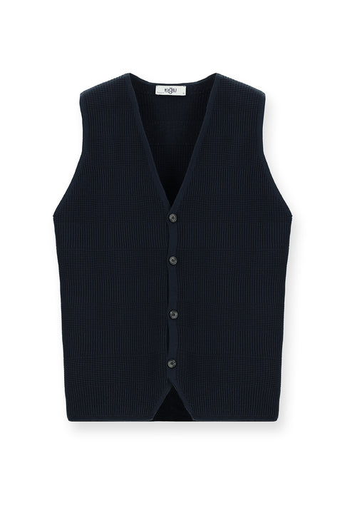 Dark Navy V-Neck Button-Down Regular Fit Patterned Cotton Knit Vest