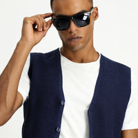 Dark Navy V-Neck Button-Down Regular Fit Patterned Cotton Knit Vest