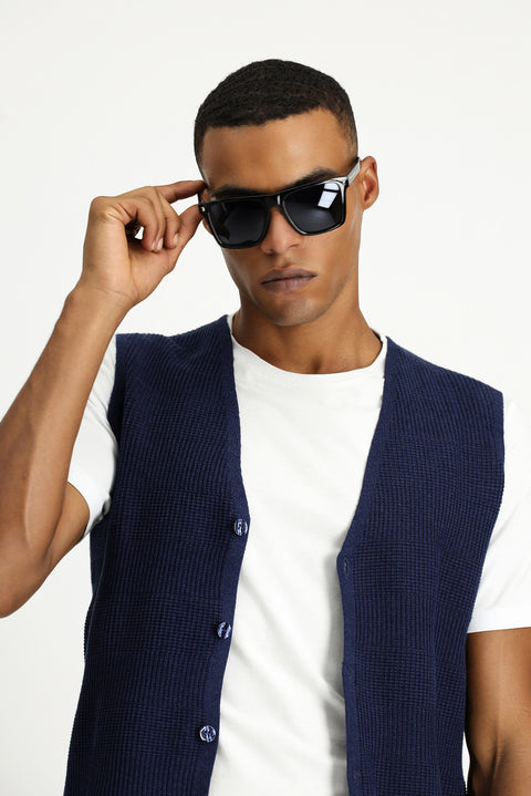 Dark Navy V-Neck Button-Down Regular Fit Patterned Cotton Knit Vest