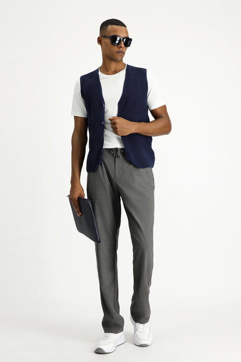 Dark Navy V-Neck Button-Down Regular Fit Patterned Cotton Knit Vest