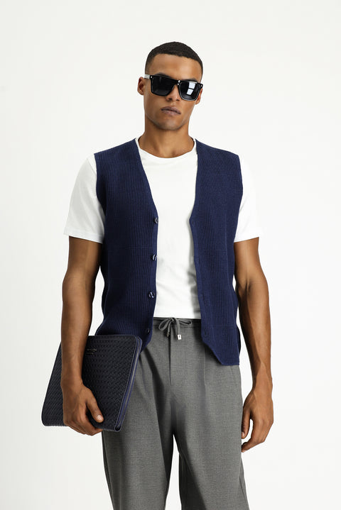 Dark Navy V-Neck Button-Down Regular Fit Patterned Cotton Knit Vest