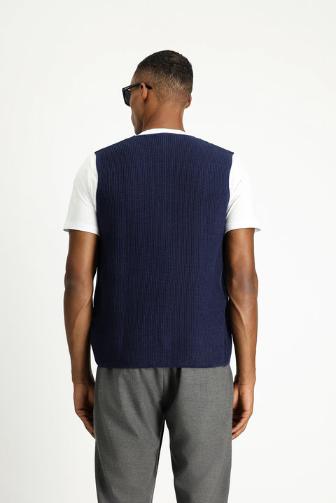 Dark Navy V-Neck Button-Down Regular Fit Patterned Cotton Knit Vest