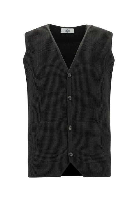 Dark Anthracite Melange V-Neck Button-Down Regular Fit Patterned Cotton Knit Vest