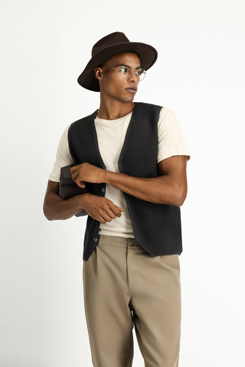 Dark Anthracite Melange V-Neck Button-Down Regular Fit Patterned Cotton Knit Vest