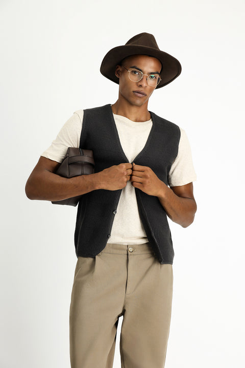 Dark Anthracite Melange V-Neck Button-Down Regular Fit Patterned Cotton Knit Vest