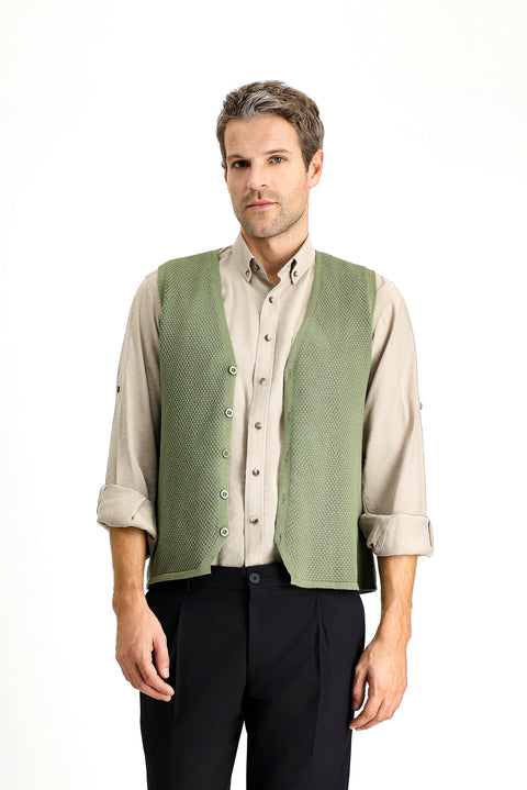 Medium Khaki Cotton Patterned Knit Vest