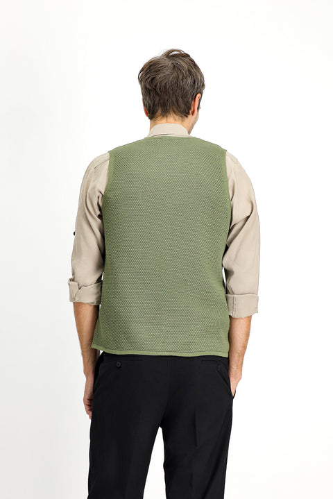 Medium Khaki Cotton Patterned Knit Vest