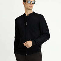 Black Slim Fit Patterned Zippered Cotton Knit Cardigan