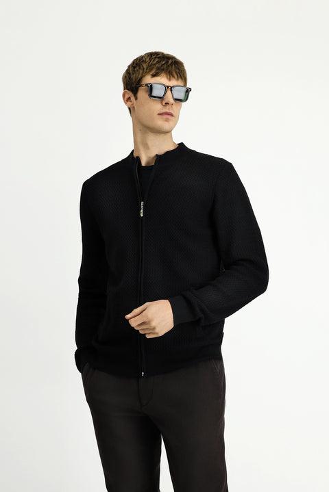Black Slim Fit Patterned Zippered Cotton Knit Cardigan