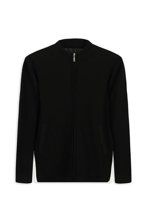 Black Slim Fit Patterned Zippered Cotton Knit Cardigan
