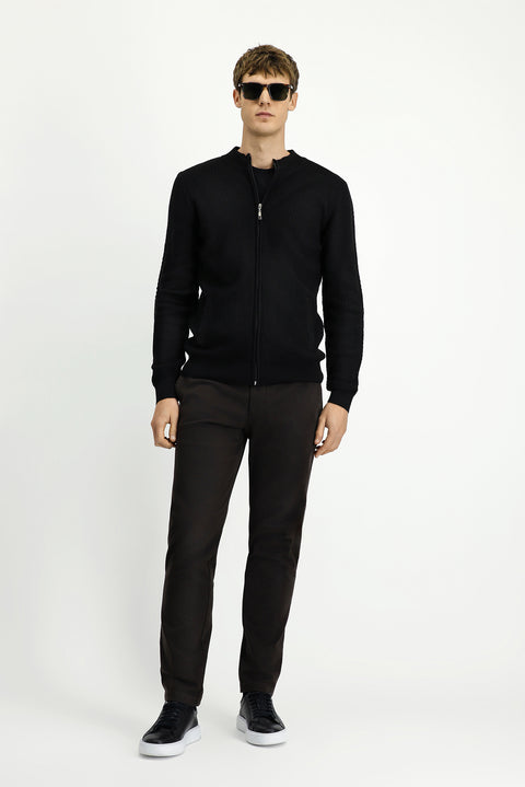 Black Slim Fit Patterned Zippered Cotton Knit Cardigan