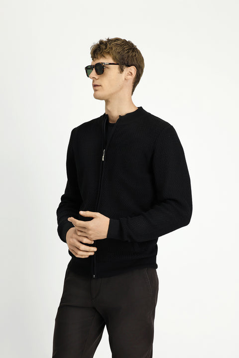 Black Slim Fit Patterned Zippered Cotton Knit Cardigan