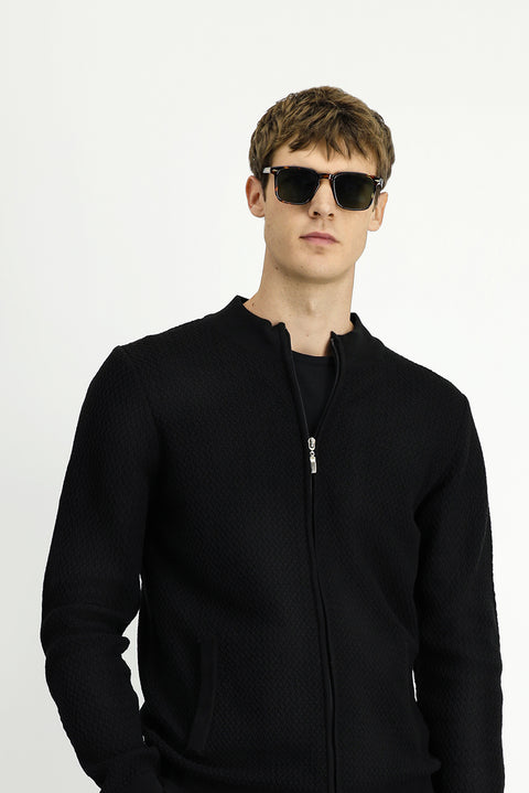 Black Slim Fit Patterned Zippered Cotton Knit Cardigan