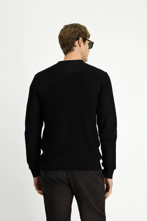Black Slim Fit Patterned Zippered Cotton Knit Cardigan