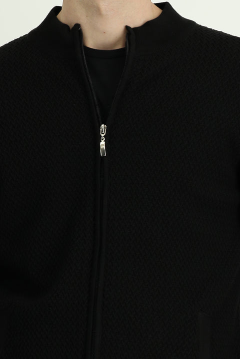 Black Slim Fit Patterned Zippered Cotton Knit Cardigan