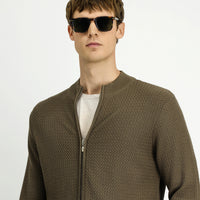 Medium Brown Slim Fit Narrow Cut Patterned Zippered Cotton Knit Cardigan