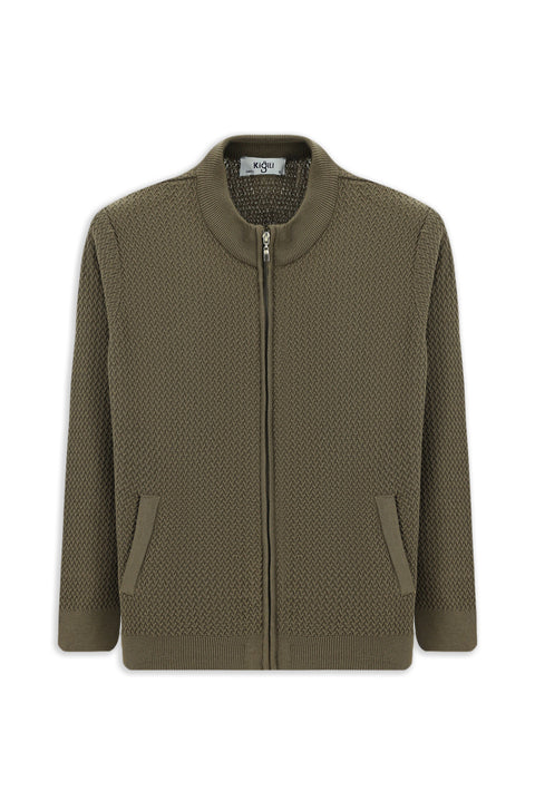 Medium Brown Slim Fit Narrow Cut Patterned Zippered Cotton Knit Cardigan