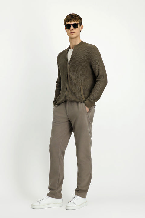 Medium Brown Slim Fit Narrow Cut Patterned Zippered Cotton Knit Cardigan