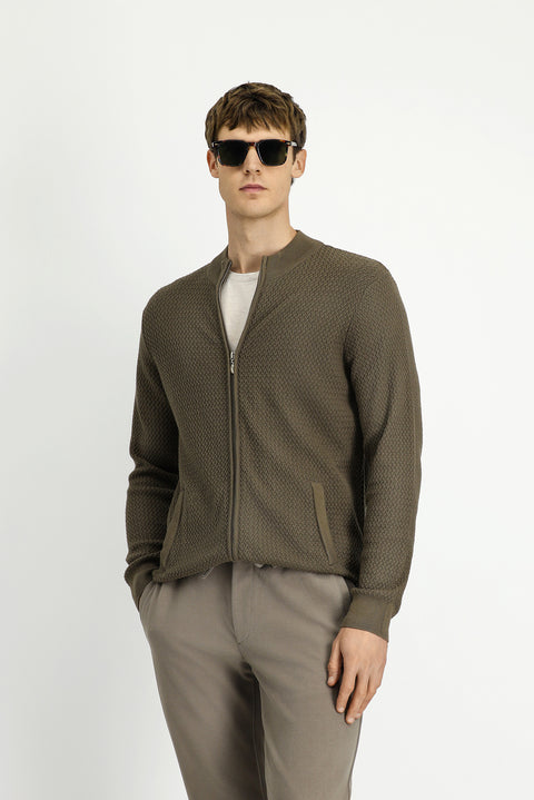 Medium Brown Slim Fit Narrow Cut Patterned Zippered Cotton Knit Cardigan