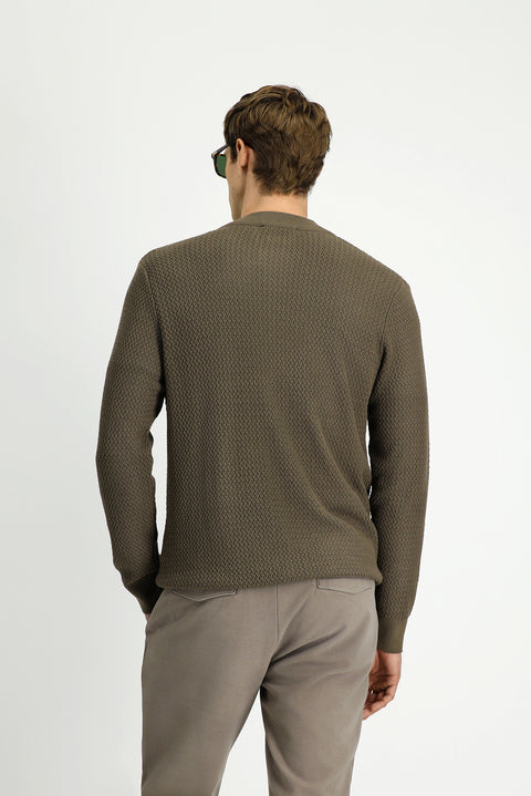 Medium Brown Slim Fit Narrow Cut Patterned Zippered Cotton Knit Cardigan