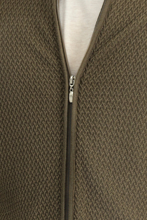 Medium Brown Slim Fit Narrow Cut Patterned Zippered Cotton Knit Cardigan