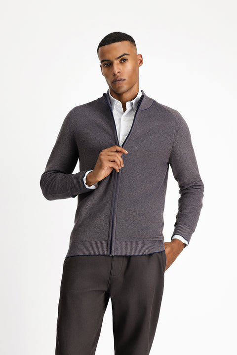 Light Brown Slim Fit Patterned Zippered Cotton Knit Cardigan