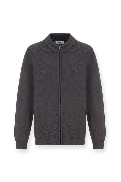 Light Brown Slim Fit Patterned Zippered Cotton Knit Cardigan
