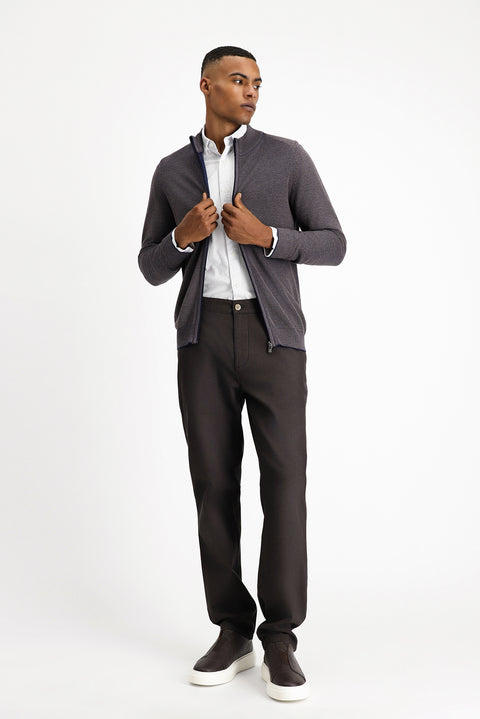 Light Brown Slim Fit Patterned Zippered Cotton Knit Cardigan