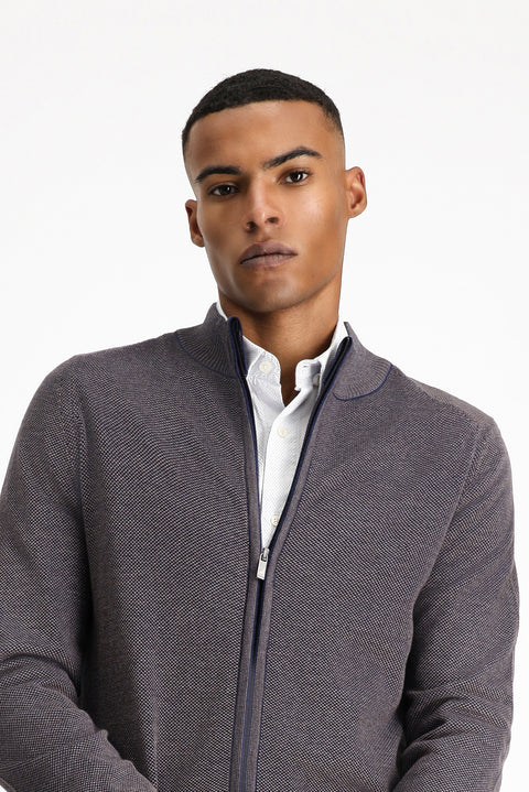Light Brown Slim Fit Patterned Zippered Cotton Knit Cardigan