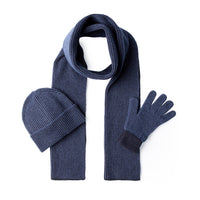 Dark Navy Wool Patterned Scarf, Beanie & Gloves Set