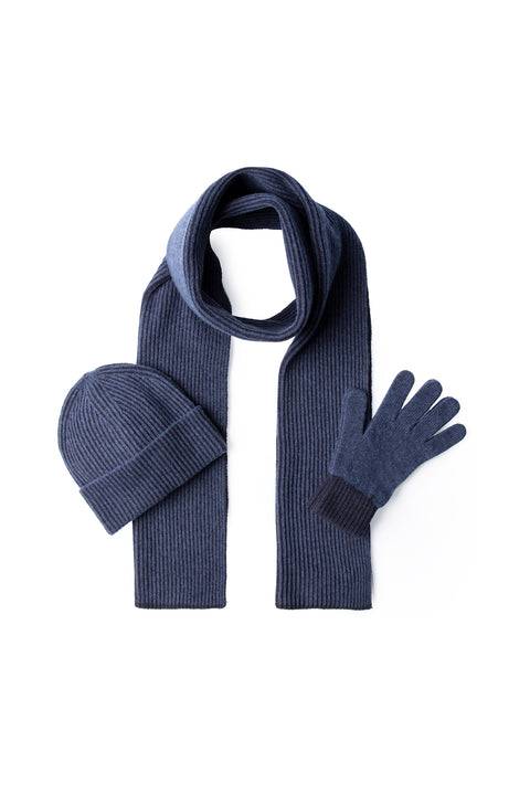 Dark Navy Wool Patterned Scarf, Beanie & Gloves Set