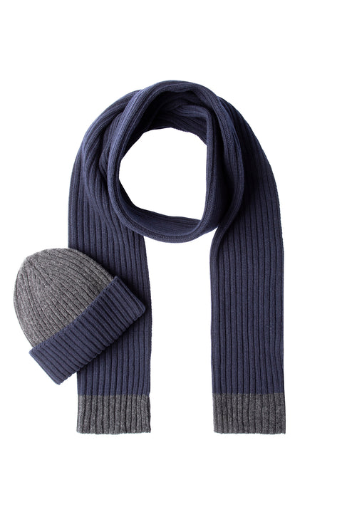 Dark Navy Wool Patterned Scarf & Beanie Set