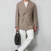 Medium Mink 6 Drop Verona Soft Oversize Fit Slightly Oversized Cut Pointed Collar Striped Wool Double-Breasted Jacket