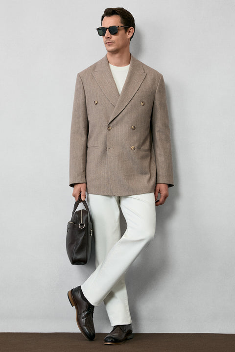 Medium Mink 6 Drop Milano Full Oversize Fit Pointed Collar Striped Wool Double-Breasted Jacket