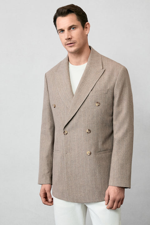 Medium Mink 8 Drop Muscle Fit Long Athletic Cut Pointed Collar Striped Wool Double-Breasted Jacket