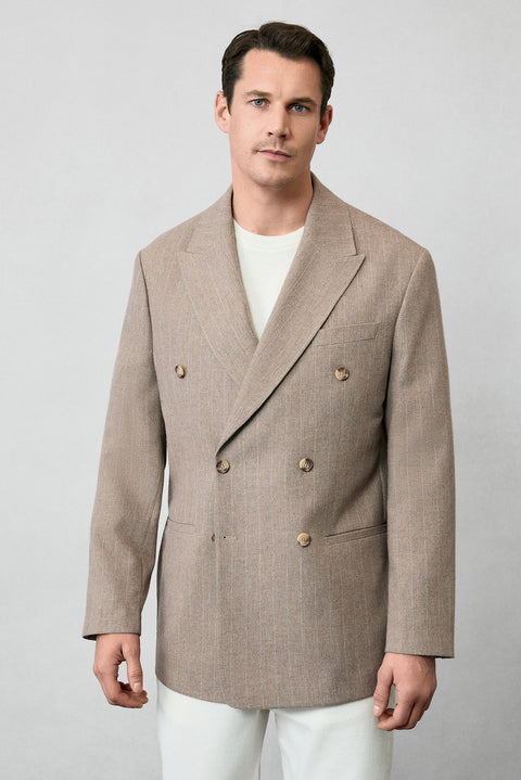 Medium Mink 6 Drop Verona Soft Oversize Fit Slightly Oversized Cut Pointed Collar Striped Wool Double-Breasted Jacket