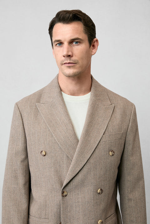 Medium Mink 6 Drop Verona Soft Oversize Fit Slightly Oversized Cut Pointed Collar Striped Wool Double-Breasted Jacket