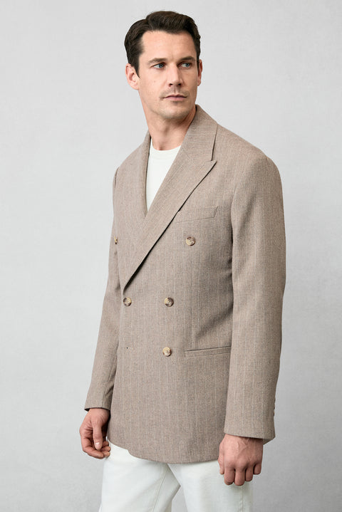 Medium Mink 8 Drop Muscle Fit Long Athletic Cut Pointed Collar Striped Wool Double-Breasted Jacket