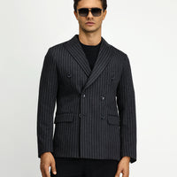 Dark Anthracite 6 Drop Regular Fit Striped Knit Double-Breasted Jacket