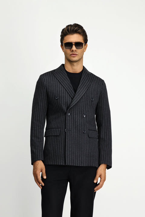 Dark Anthracite 6 Drop Regular Fit Striped Knit Double-Breasted Jacket