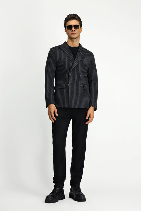 Dark Anthracite 6 Drop Regular Fit Striped Knit Double-Breasted Jacket