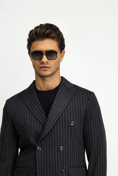 Dark Anthracite 6 Drop Regular Fit Striped Knit Double-Breasted Jacket