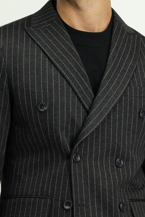 Dark Anthracite 6 Drop Regular Fit Striped Knit Double-Breasted Jacket