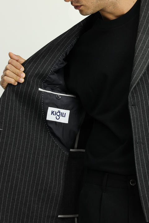 Dark Anthracite 6 Drop Regular Fit Striped Knit Double-Breasted Jacket